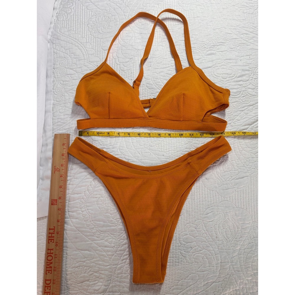 Cupshe Ribbed Cutout Bikini Set Women Large Orange High Leg Thong Swimwear